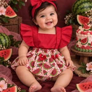 Jardineira Romper de Bebê Menina Melância Fashion