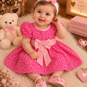 Alternative view of Vestido de Bebê Menina Fashion + Laço de cabelo Flores Pink