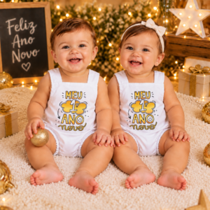 Romper Bebê Meu Primeiro Ano Novo Branco com Estampa Dourada – Menino e Menina Réveillon