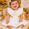 Vestido Bebê Menina Meu Primeiro Ano Novo Branco e Dourado