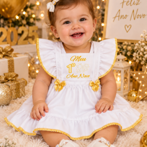 Vestido Bebê Menina Meu Primeiro Ano Novo Branco e Dourado