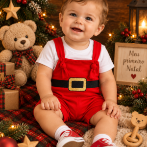 Kit Macacão Menino Natalino Bebê Menino Jardineira Papai Noel com Camiseta – Look Meu Primeiro Natal