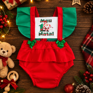 Alternative view of Romper Natalino Bebê Menina Meu Primeiro Natal com Babados e Laços – Jardineira Vermelha e Verde